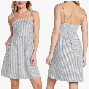 Old Navy Linen Fit & Flare Blue White Pinstripe Tie-strap Cami Dress